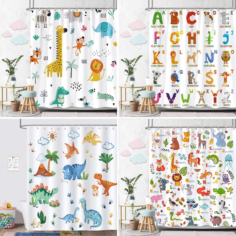 Cartoon Animal Alphabet Shower Curtain Kids ABC Educational Learning Tools Baby Girls Boys Colourful Bath Curtain Bathroom Decor