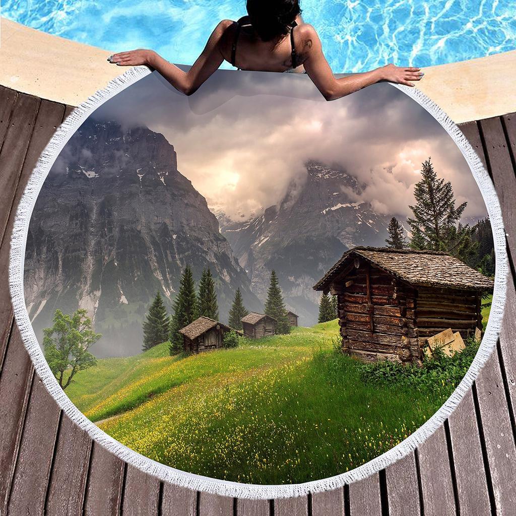 Pretty Country Scenery Print Round Beach Blanket,Polyester Sand Resistant Beach Towel,Absorbent Quick Dry Pool Towel Picnic Mat