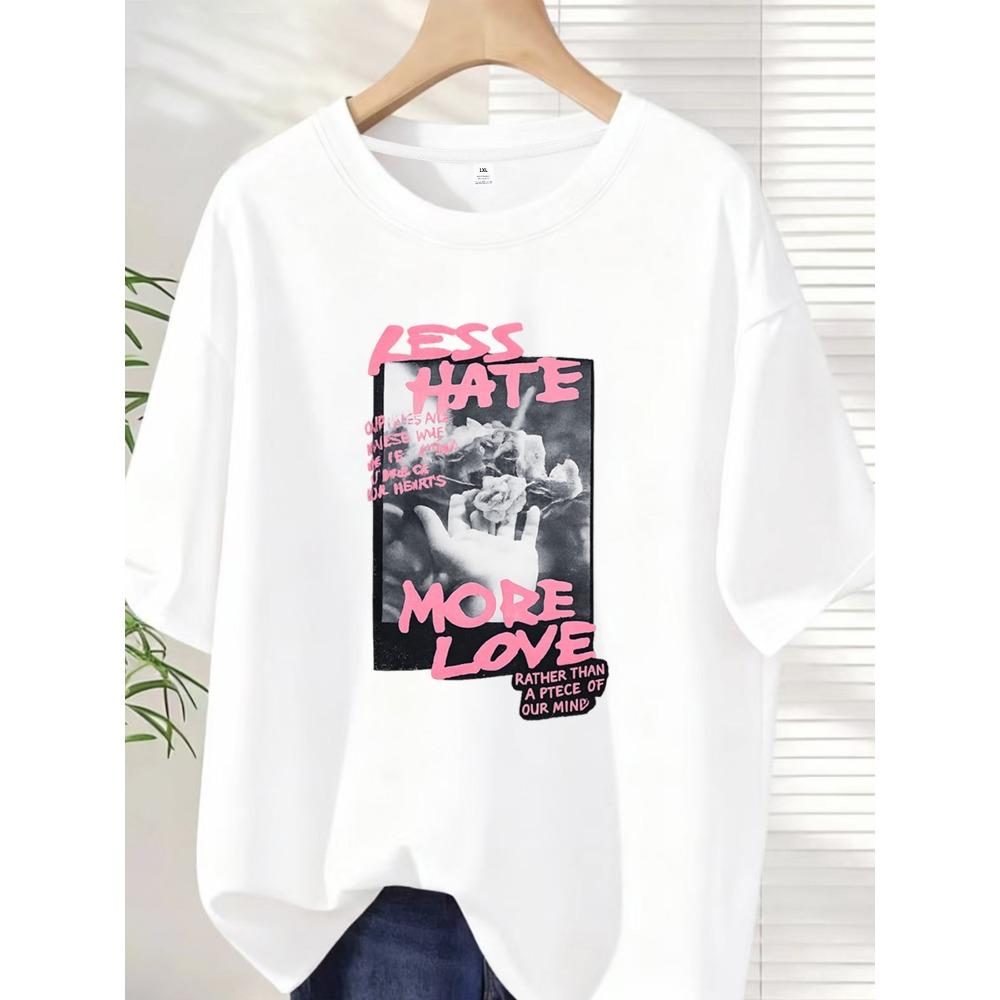 

Rose and letters Plus size women s round neck short sleeve T-shirt with elastic half sleeves and trendy prints 4XL