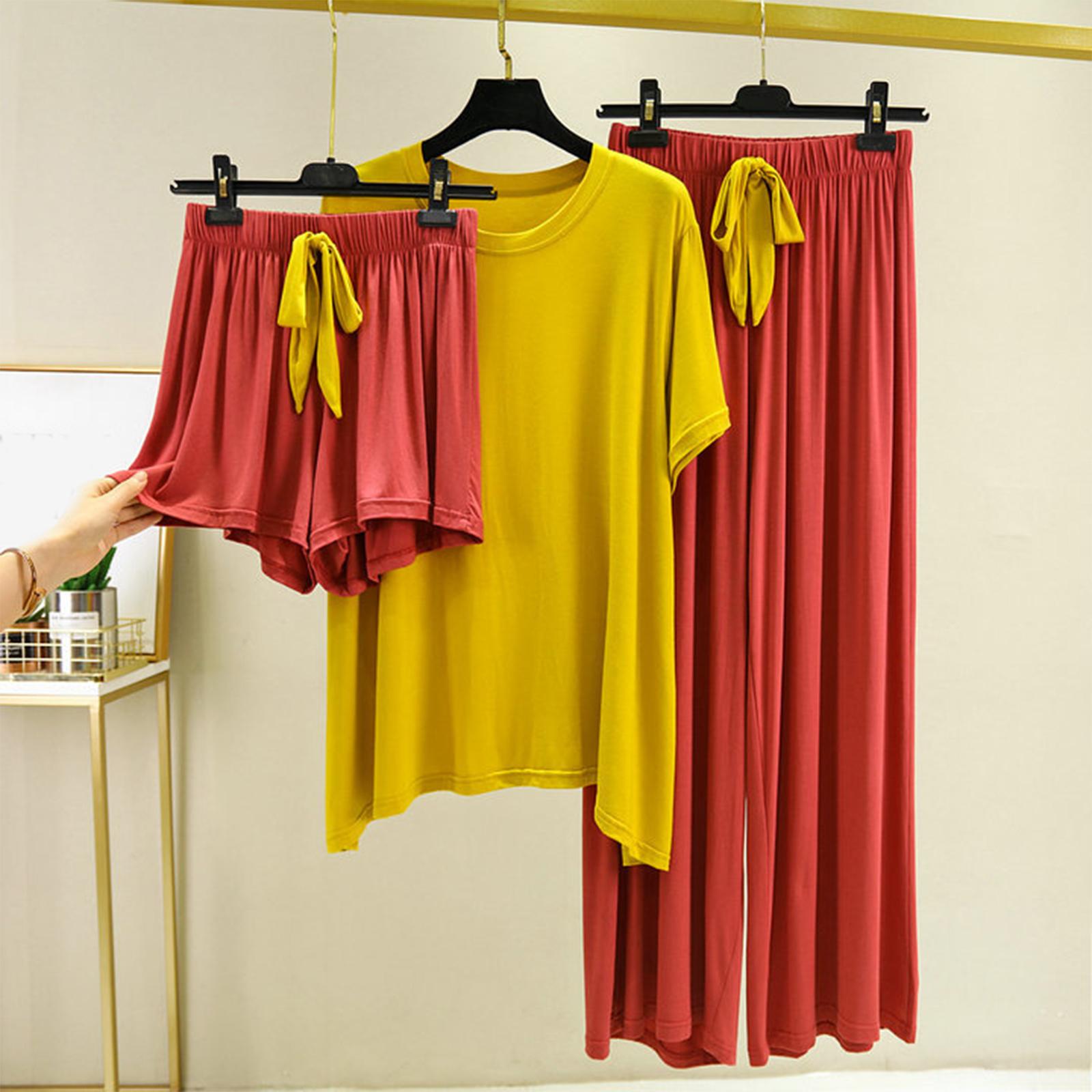 

Women s Loose Casual Round Neck Short Sleeved T-shirt Long Pants And Shorts Three Piece Set Solid Color Pajamas XL жёлтый