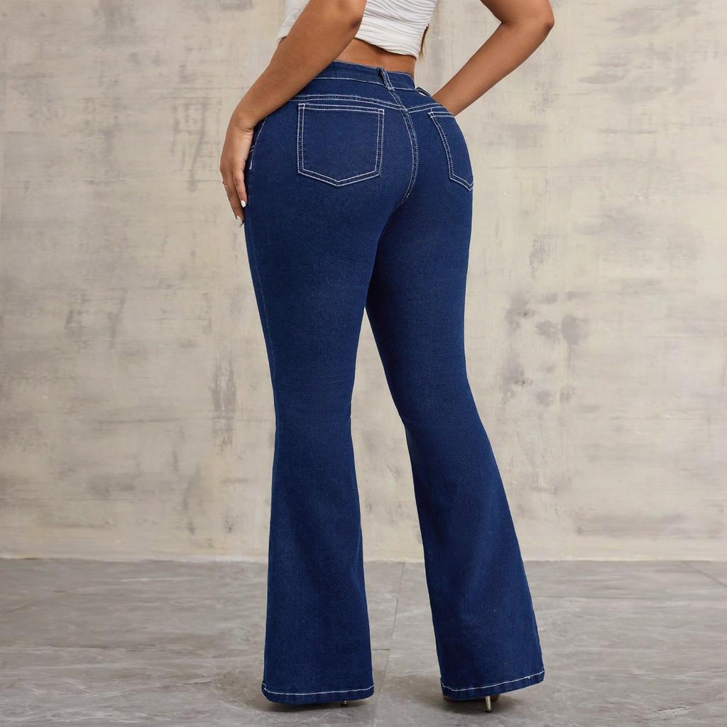 Women's Fashionable Casual Micro Flared With Frayed Edges And Double Button Jeans