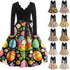 Women's Casual Fashion V-neck Long Sleeved Retro Christmas Print Retro Dress
