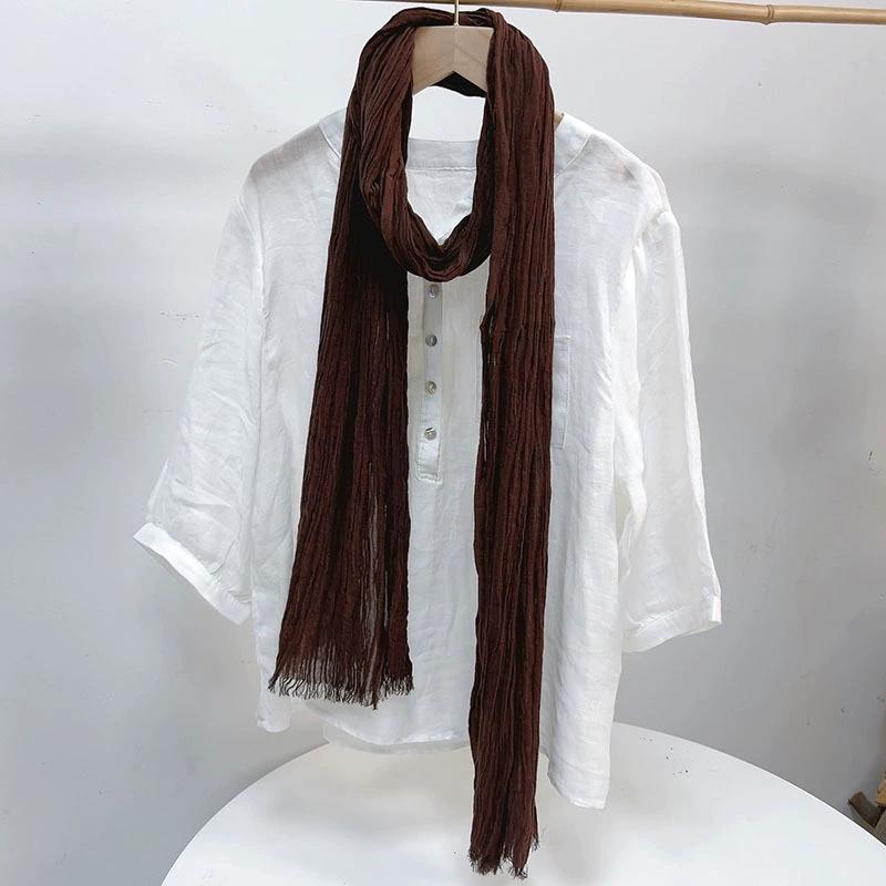 Solid Color Cotton Crinkled Scarf for Women Retro Neck Warmer Decorative Narrow Long Striped Scarf Wrap Shawl for Autumn 220cm