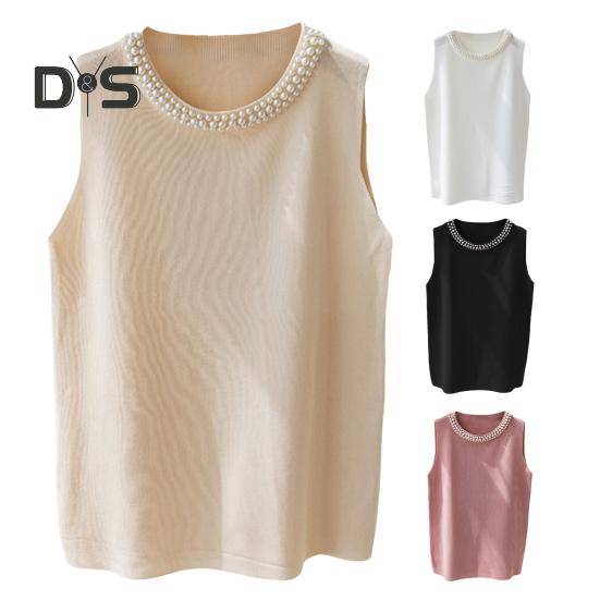 Damska kamizelka dziewiarska z okrągłym dekoltem, bez rękawów, sztuczne perły, ozdobne topy, dopasowany krój, jednolity kolor, rozciągliwe topy