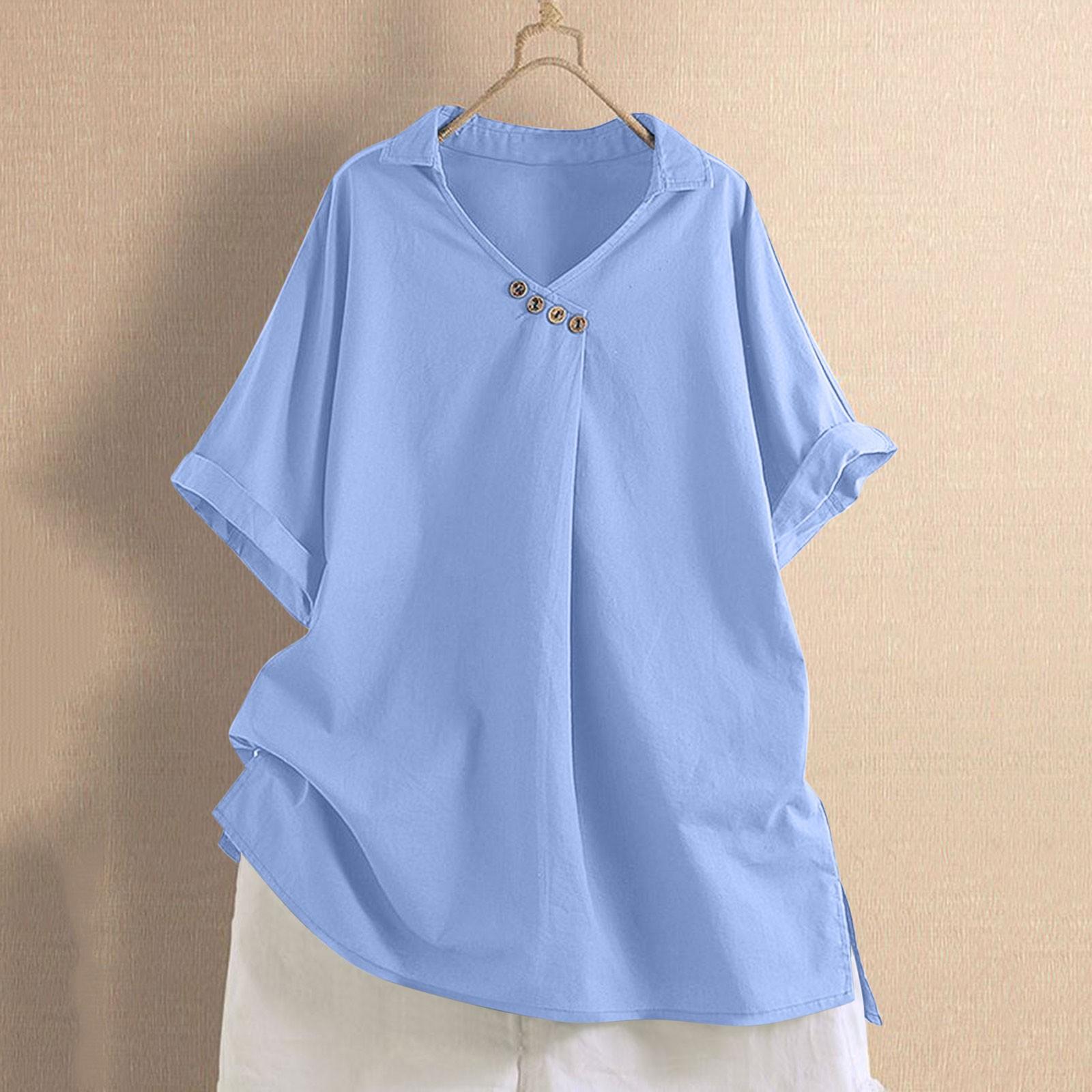 

Женская рубашка из хлопка и льна, однотонная, с коротким рукавом, V-образным вырезом и пуговицами, свободная рубашка S синий