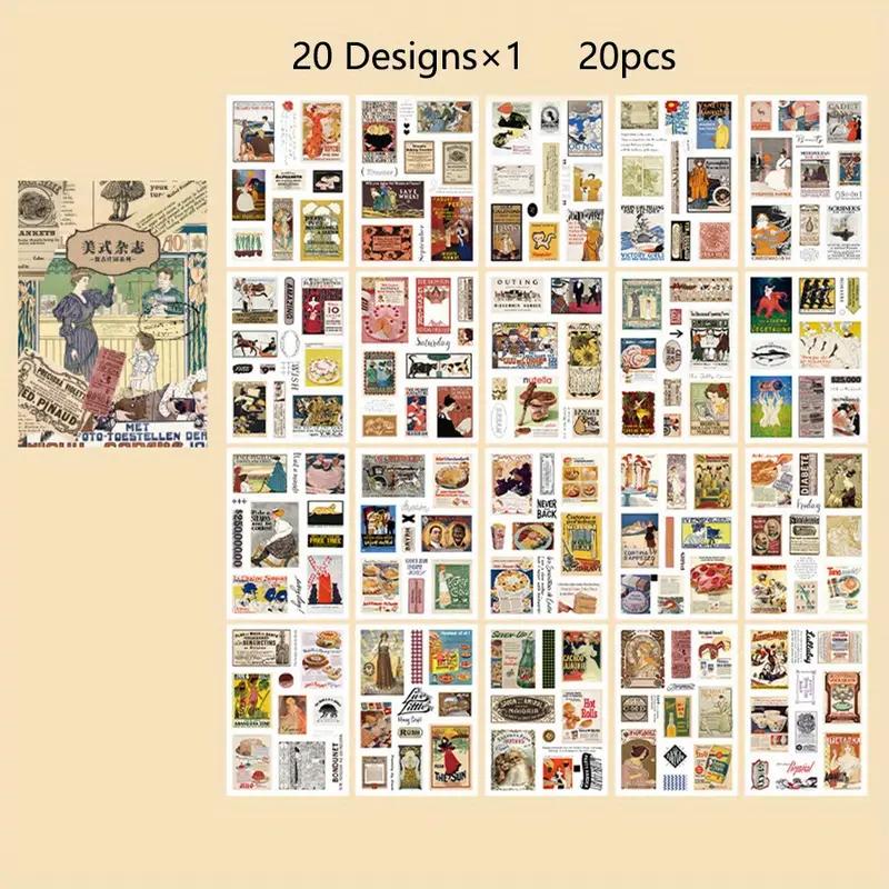 20 Listů Samolepková Kniha, Retro Materiál pro Deník, Samolepky pro DIY Dekoraci, Pro Junk Journal, Dekorativní Podkladové Potřeby, Umělecké Album