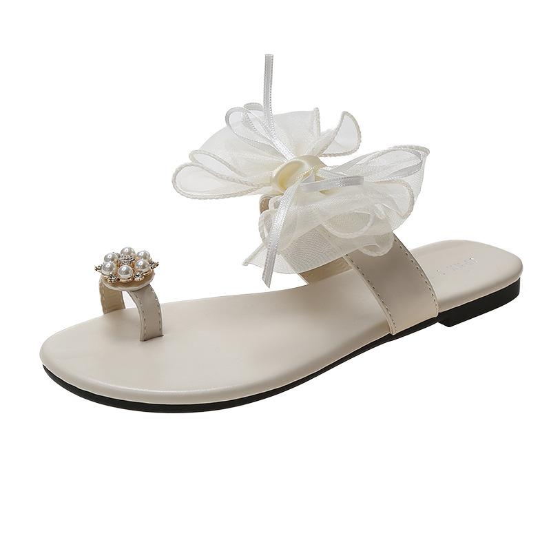 Shoes Women Slippers Casual Slides Butterfly -Knot Pantofle String Bead Low Soft Luxury Flat  Summer Basic Fabric Scandals H