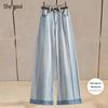 Jeans Feminino de Cintura Alta Lavado de Perna Larga