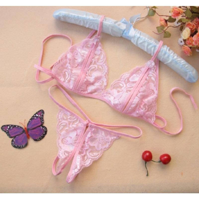 Women's Open-file Sexy Lace Transparent, Three-point Erotic Underwear Open-crotch Panties Seduction Set
