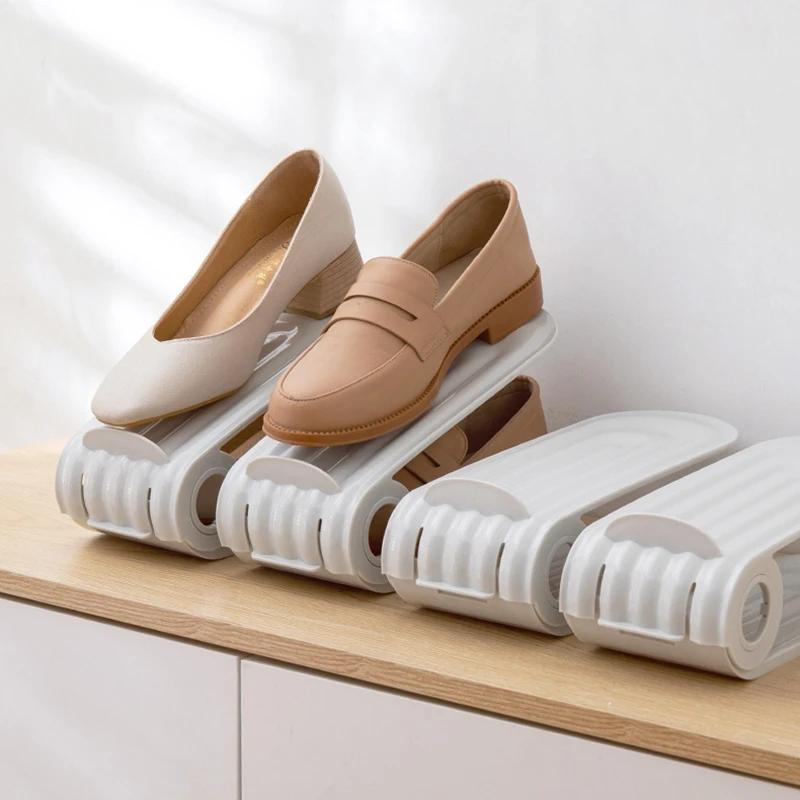 2pcs/set Shoes Rack Adjustable Height Double Layer Adjustable PP Shoe Hanger Space Saving Orderly Organization