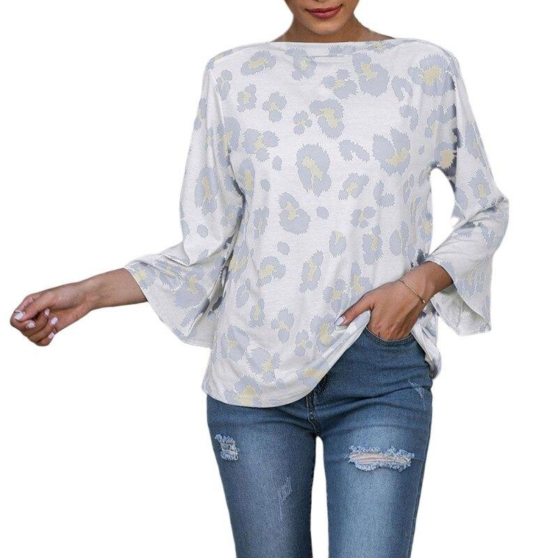 Summer Explosion Models Leopard Print Round Collar Nine Points Trumpet Sleeve T-shirt