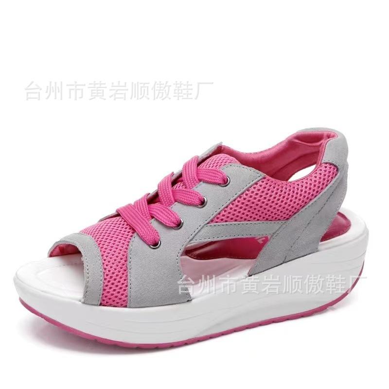Sandals Women's Summer New Fashion Fish Mouth Sandals Lace-up Wedge Heel Rocking Bottom Sports Sandals