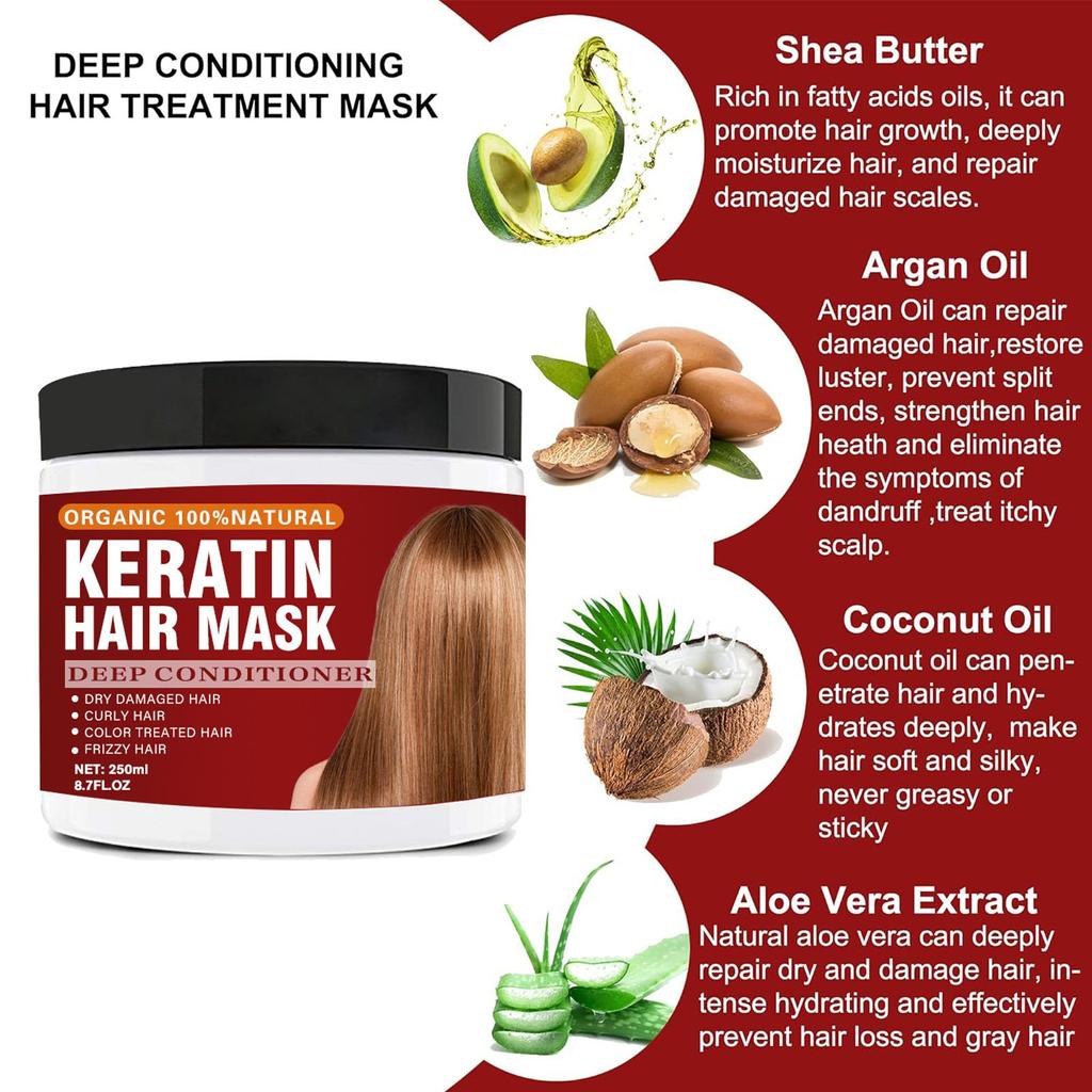 Keratin Hair Mask, DeepDamaged Hair , 250ml Hair Mask, Suitable For Dry And Damaged Hair, Natural Deep Conditioner Moisturizing Hair Mask
