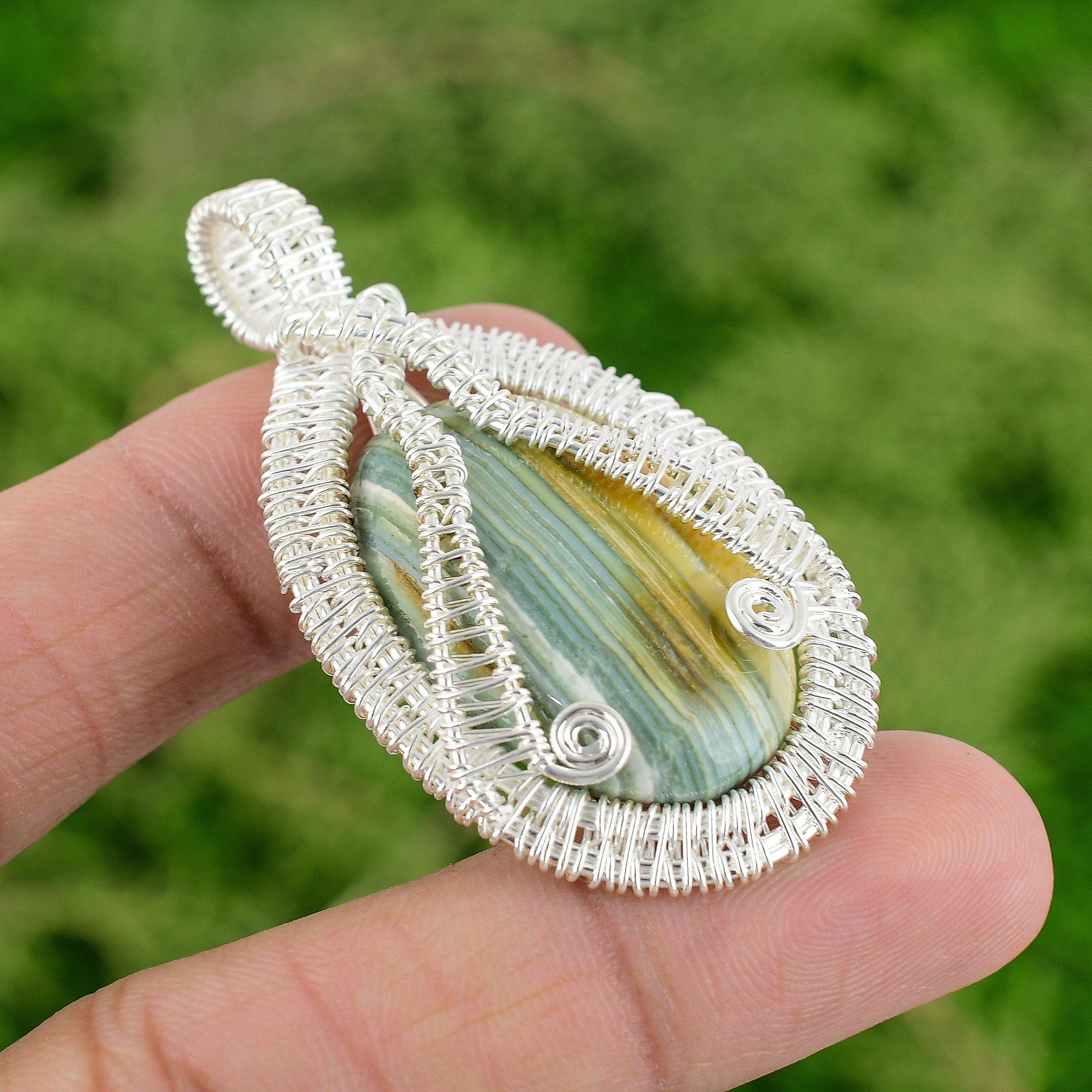 

925 Sterling Silver Natural Blue Rhodochrosite Boho Wire Wrapped Pendant Jewelry