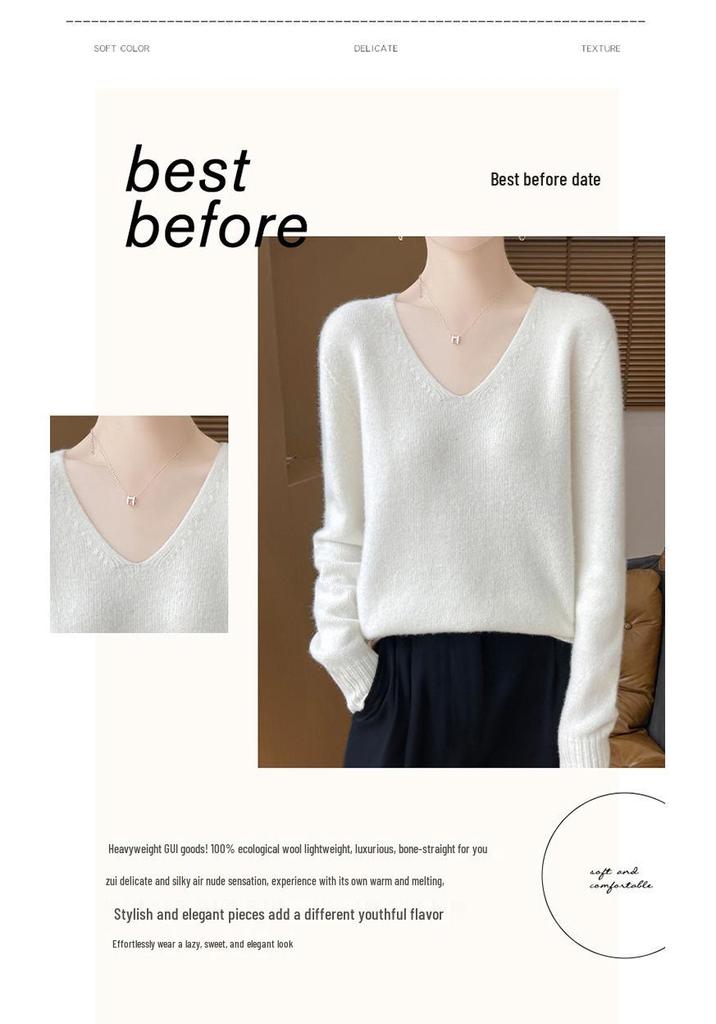 Women's V-Neck Thickened Wool Knit Sweater – 100% Pure Loose Fit