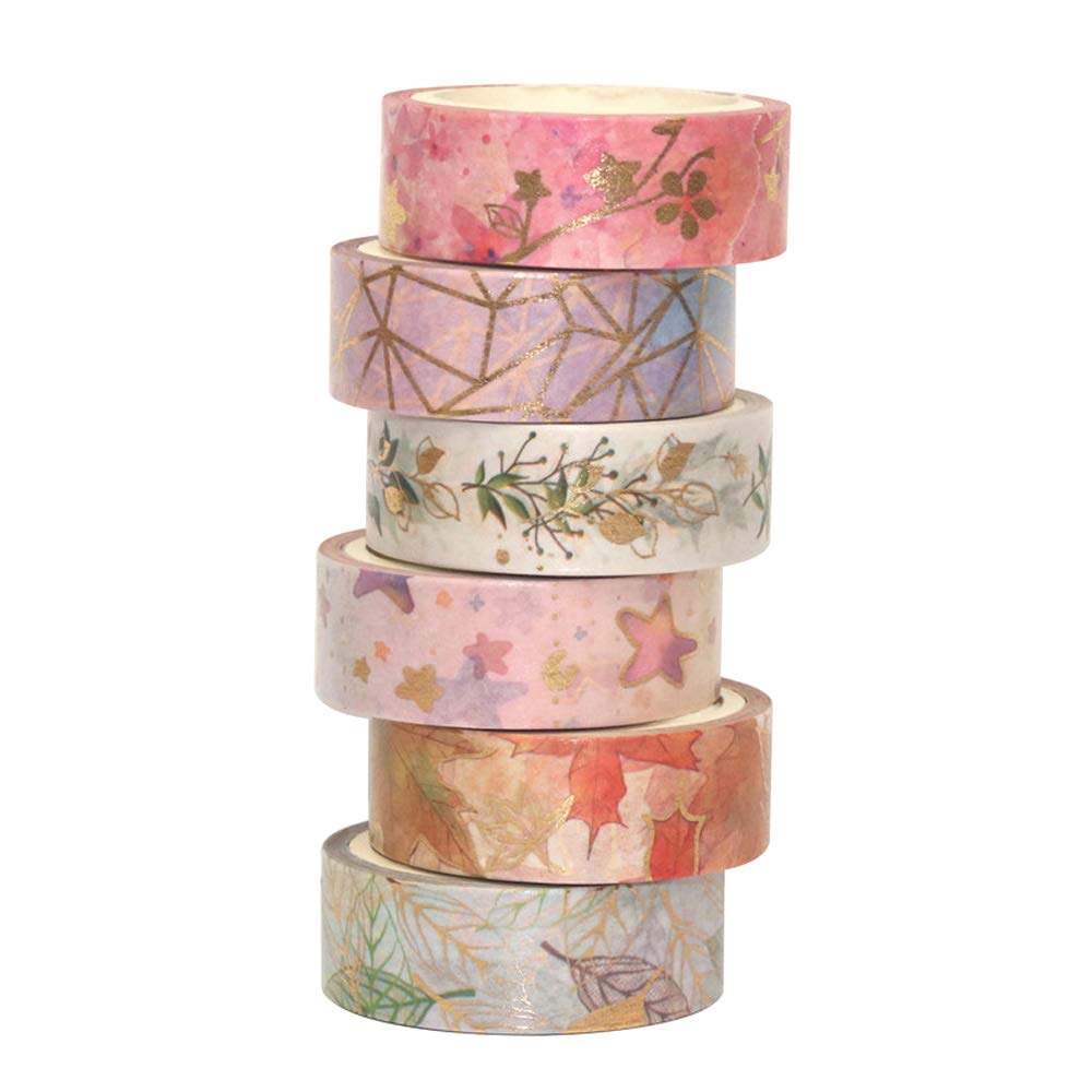 

Floral Gold Washi Tape Set 6 Rolls Romantic Flowers Gold Foil Masking Tape Decoration Stickers for Arts DIY Crafts