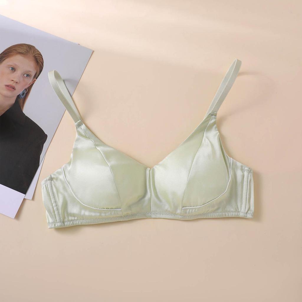 Mulberry Silk V-Neck Wireless Bra - Satin Smooth, High Side Support, Fashionable Color Block Design, Comfortable Fit.