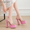 Ladies Pink Heels Fashion Chunky High Heel Platform Sandals Square Toe PVC Bowknot Crystal Ankle Strap Women's Dress Shoes 35-42