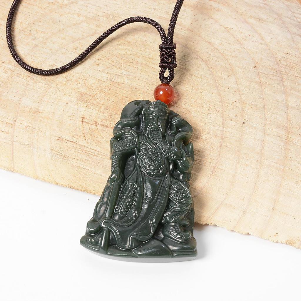 Hetian Jade Guan Gong Pendant with Tiger's Eye: Men's Guan Yu Amulet and God of Wealth Symbol