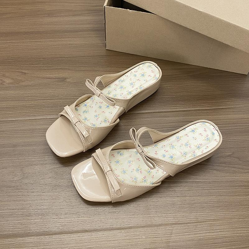 Small inner height increase women's shoes French beautiful floral bow open-toed outer wear spring and summer with skirt cool slippers