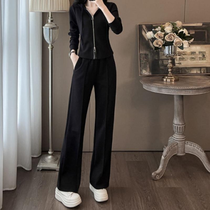 Fashionable Casual Sports Suit for Women Early Autumn Fashionable Slim Hooded Cardigan Long-sleeved Wide-leg Pants Two-piece Set