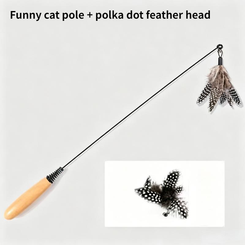 Spring Teasing Cat Stick Wooden Handle Cat Teaser Stick Toy Feather Funny Simulation Fishing Rod Bell Squeaky Cat Toy
