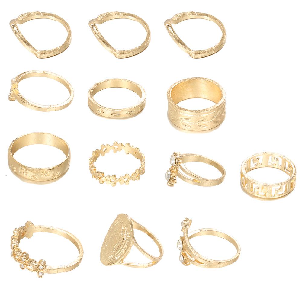 English Madonna Simple Pattern Joint Ring Small Flowers and Leaves 13-piece Ring Set