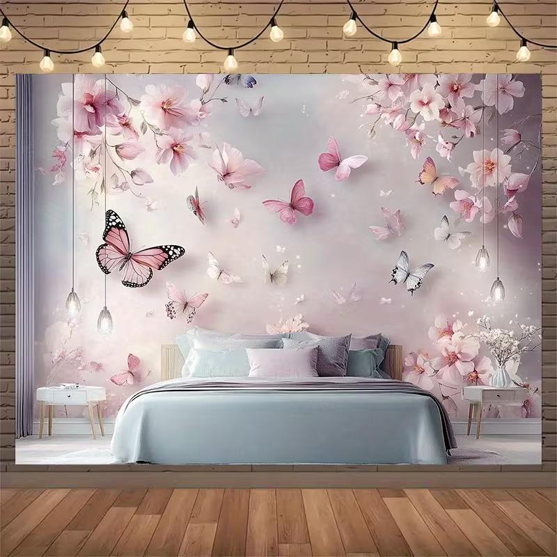 2D Romantic Cherry Blossom & Butterfly Tapestry Living Room Background Cloth