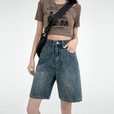 Retro džínové šortky pro ženy léto s vysokým pasem, pětibodové kalhoty volné rovné polokalhoty do A, korejský styl