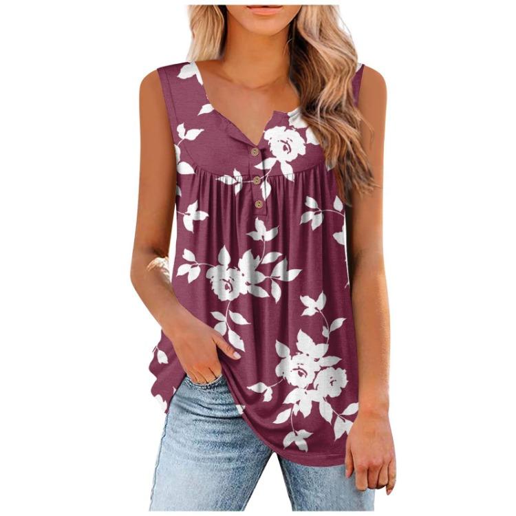 Floral Print Women's Casual Sleeveless Pleated Button Vest T-shirt Top