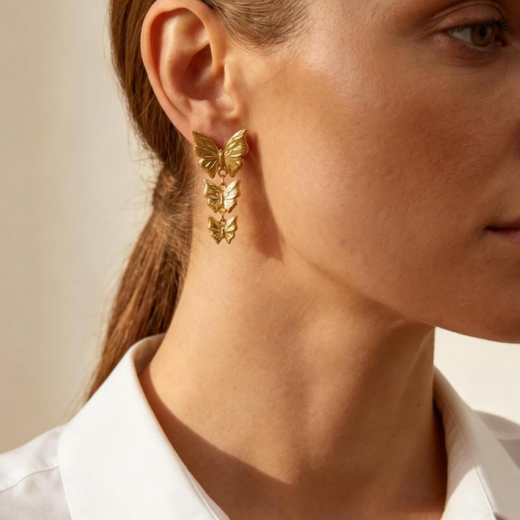 Unique Stainless Steel Three Drop Butterfly Earrings for Women Gold Plated Butterfly Stud Earrings Fashion Jewelry Gifts