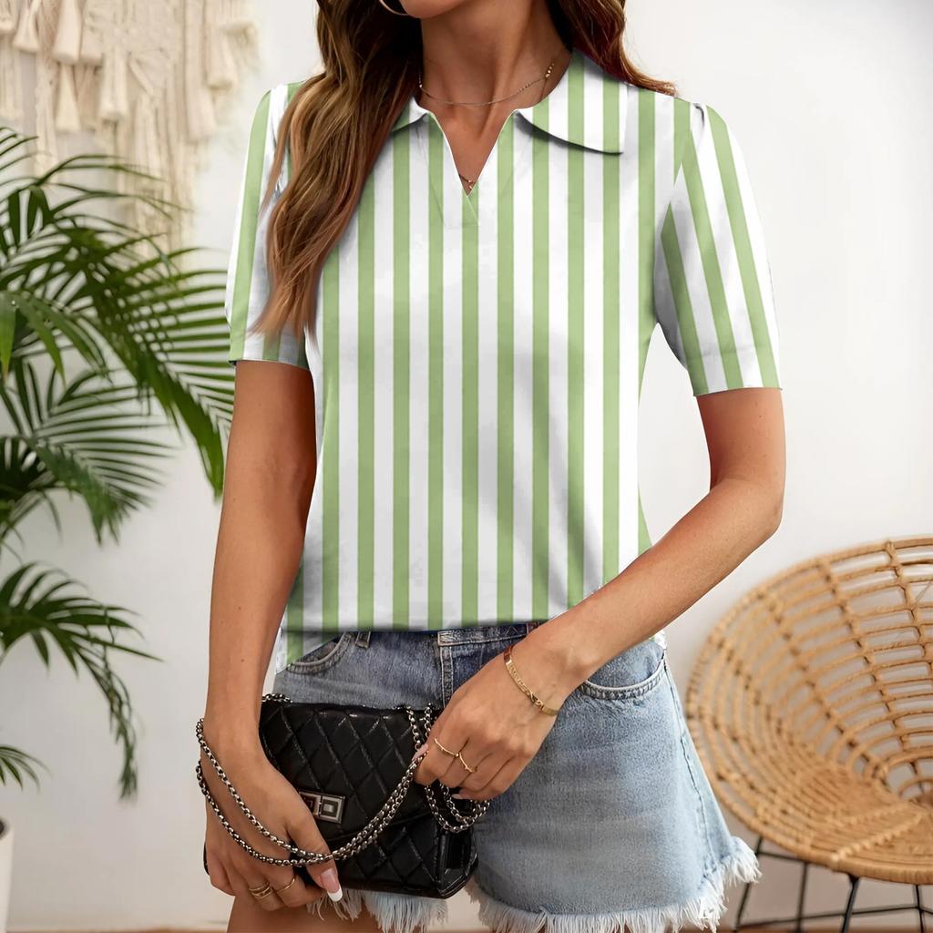 Women Casual Short Sleeve V Neck Shirt Striped Pattern Lightweight Relaxed Fit Blouse Suitable for Daily Wear and Outdoor Activities