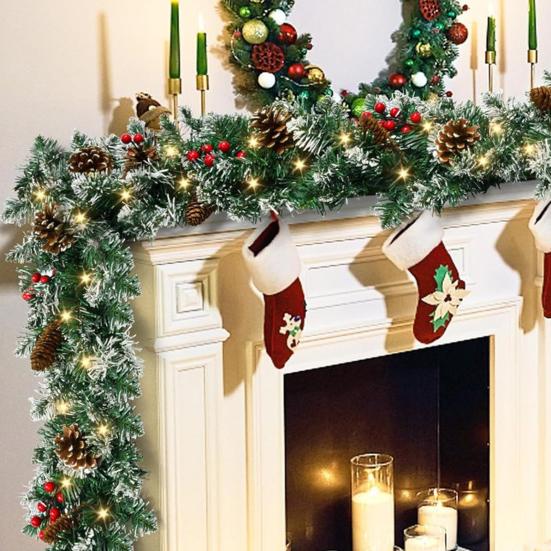 Yousheng Artificial Christmas Garland with 50 LED Lights Battery Operated Prelit Greenery Garland with Pine Cones Red Berries for Mantle Staircase