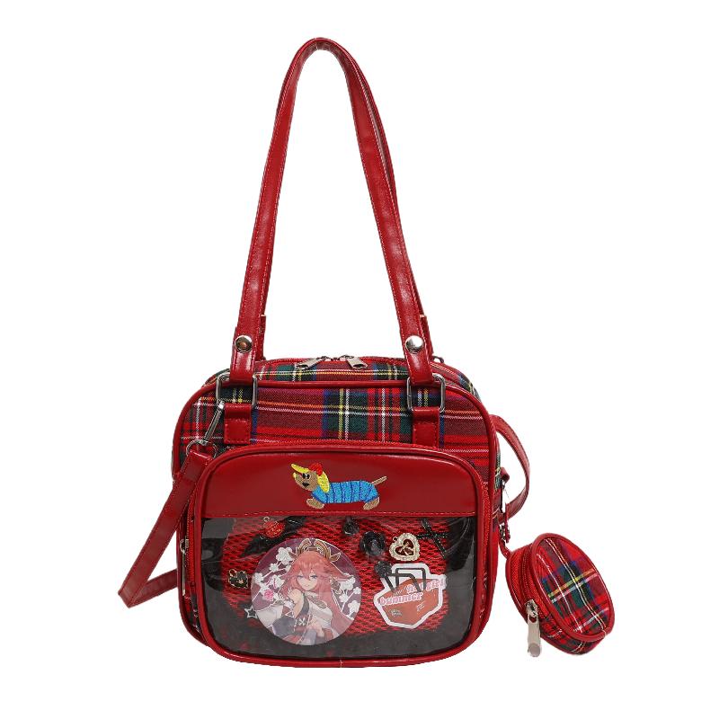 New Kawaii Women Ita Crossbody Tote Bag Clear Nylon Plaid Small Shoulder Bag JK Girls Pin Display Handbag With Circle Pocket