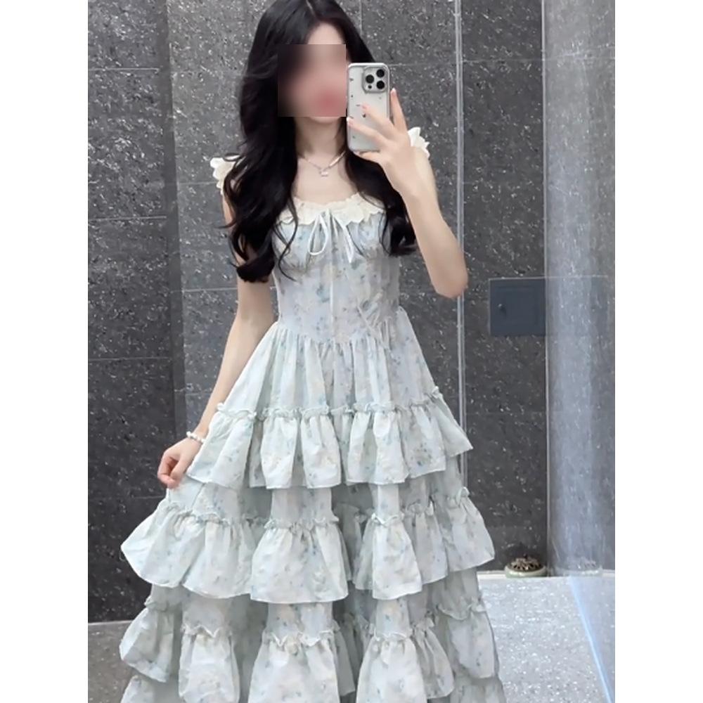 

Gentle and sweet little fly sleeves blue floral dress women s summer princess cake dress fluffy long skirt XL- (recommended 110-60kg) синий