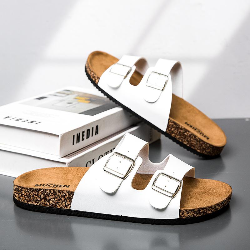 Women's Cork Insole Slippers Men's Sandals Summer Beach Sandals Men's Double Buckle Slip-on Sandals Non-slip Men's Cork Slippers