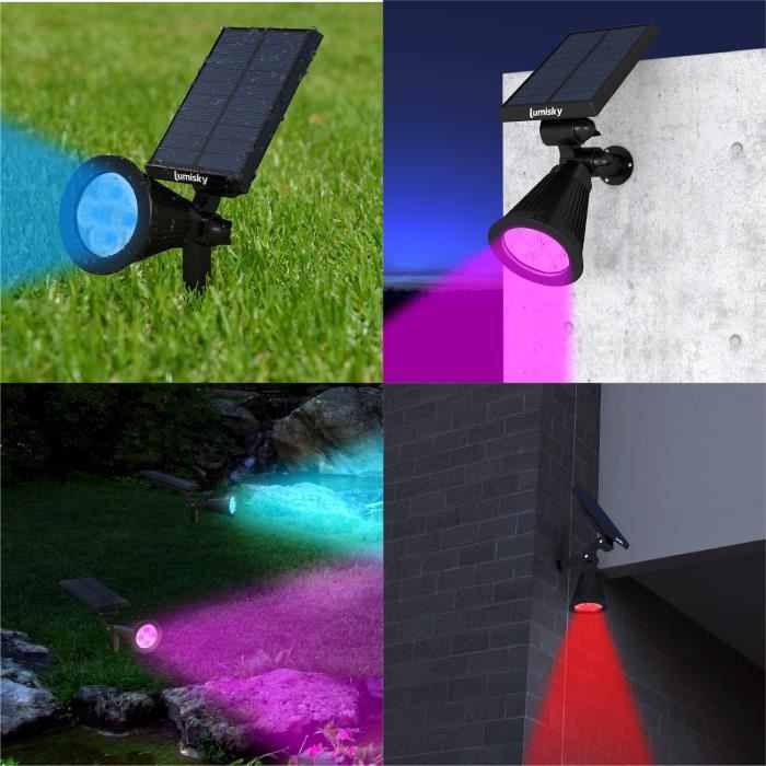 Pack de 2 Spots solaires extérieur étanches - LUMISKY - 4 LEDs colorées RGB - 200 Lumens - Tête pivotante à 90°C