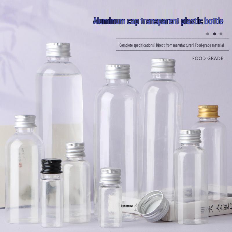 Transparente PET-Flasche mit Aluminiumkappe zur Flüssigkeitsabgabe, 10-100 ml, mit versiegeltem Deckel für Lotionen