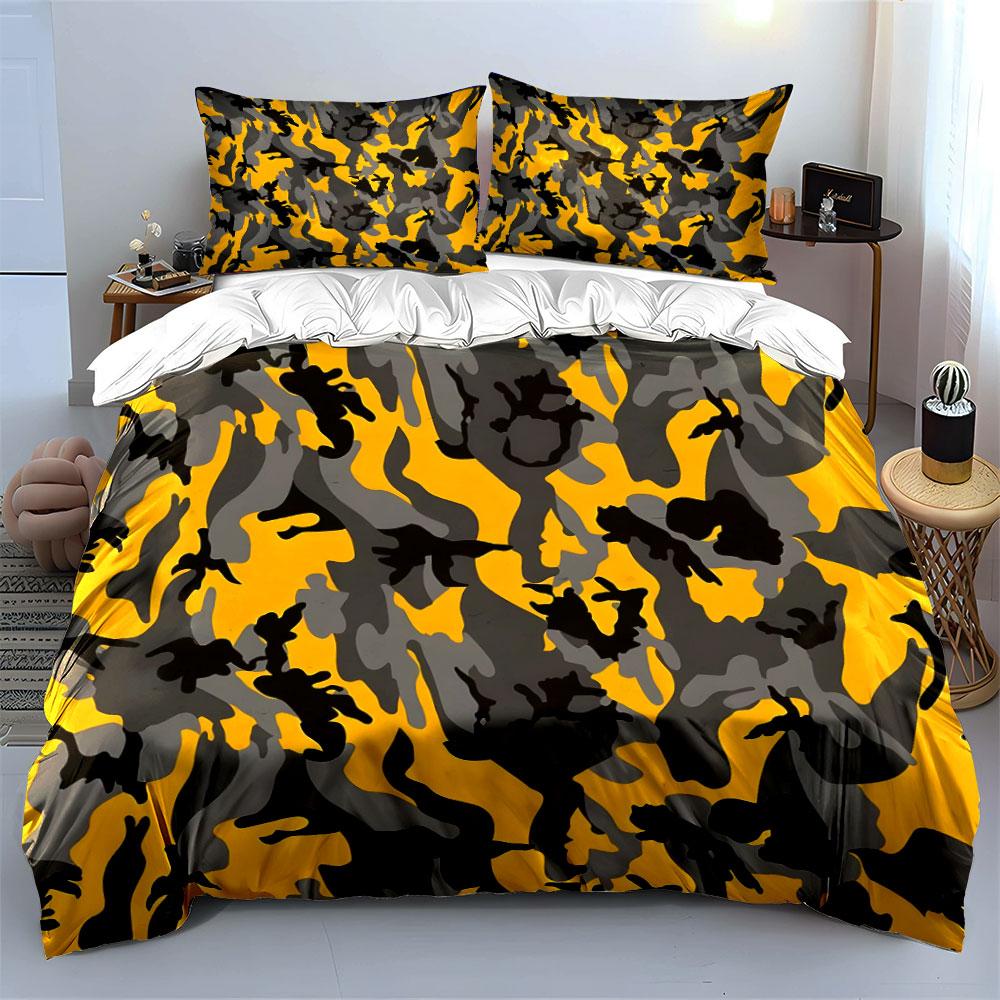 Gelb-Grau Camouflage Muster Bettwäsche Bettbezug Set  (1*Bettbezug 2*Kissenbezüge, ohne Bettdecke)