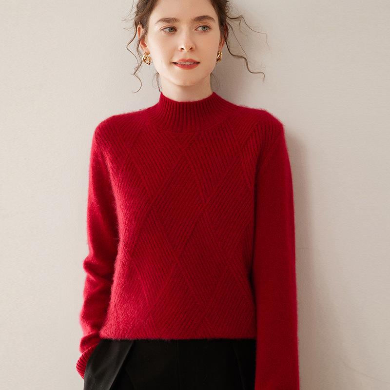 Women's Red Diamond Pattern Cashmere Sweater: Half-High Collar, Thickened, Plus Size, Loose, Warm, Autumn/Winter, Short Style.