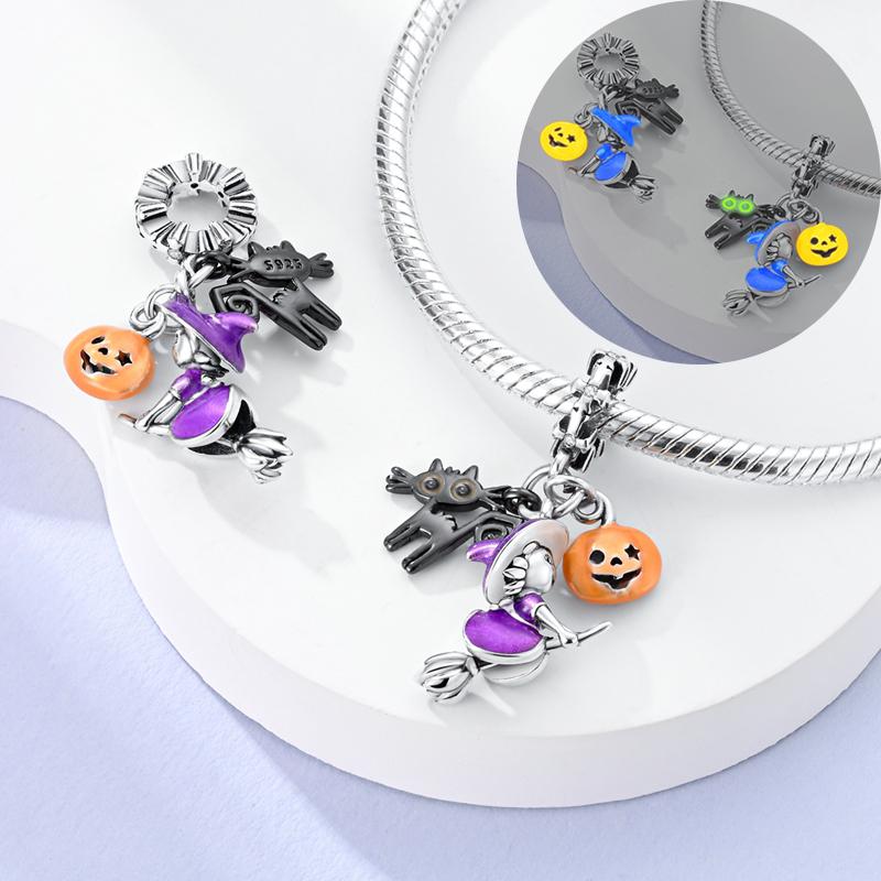 Halloween Series Charms Bead Copper Luminous Pumpkin Skull Witch Black Cat Fit Bangle Bracelet Necklace Diy Jewelry