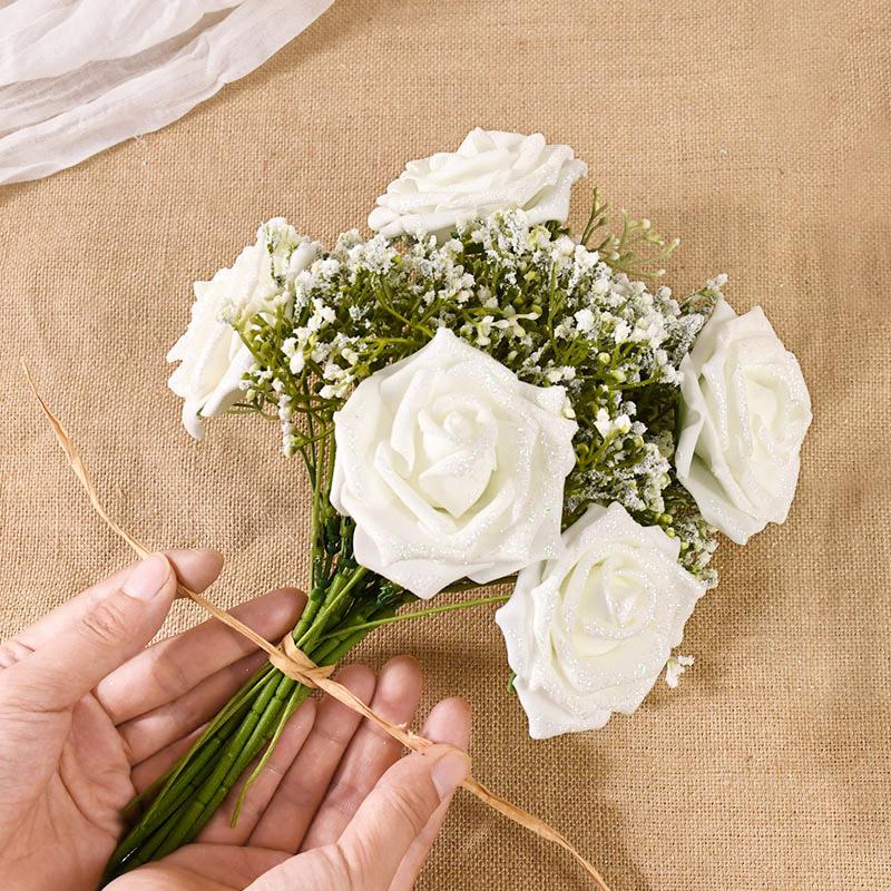 10/20 Stück Glitzer Künstliche Rosenblumen mit Stiel Blätter DIY Hochzeitssträuße Geburtstagsfeier Heimdekorationen DIY Bastelkranz