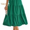 Women's Short Sleeve Smocked Midi Dress Summer Crew Neck Pleated Long Dress Casual Tiered Flowy A-line Dress