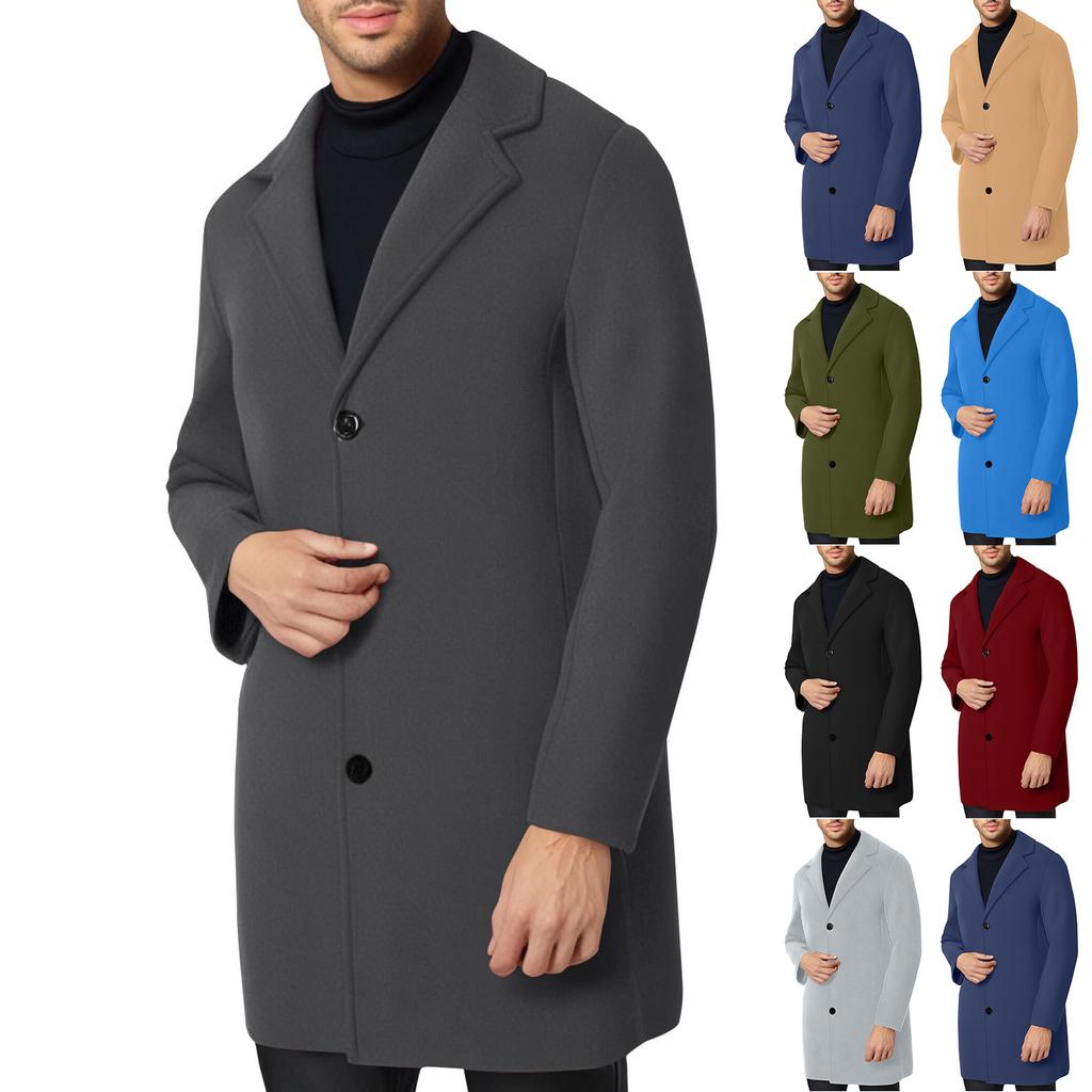 Trench Coat Men Wool Blend Coat Notched Collar Single Breasted Overcoat Business Casual Winter Jacket With Pockets