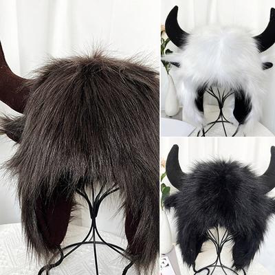 Winter Funny Hat Fake Cow Horn Decor Thunderbolt Thick Warm Faux Fur Ear Protection Personality Unisex Windproof Fluffy Photo Prop Women Men Cap