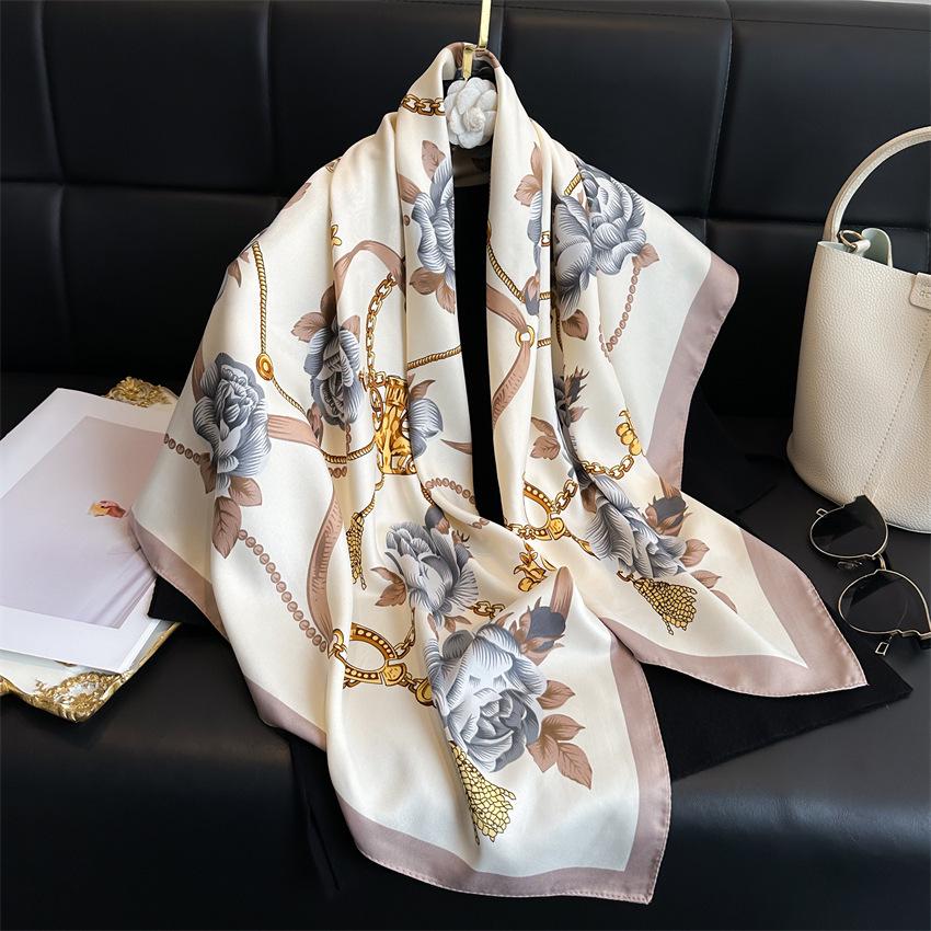 Women's Retro Twill Silk Scarf - 90cm Versatile Shawl for Travel & Sun Protection