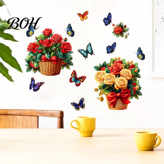 Party Decoration Floral Wall Stickers Rose Flowers with Butterflies, PVC Waterproof Decals, Removable Peel And Stick Art Decor, Murals for Home Living