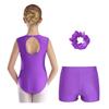 Girls Gymnastics Outfit Keyhole Back Patchwork Sleeveless Glittery Rhinestones Leotard V Front Waistband Shorts Set