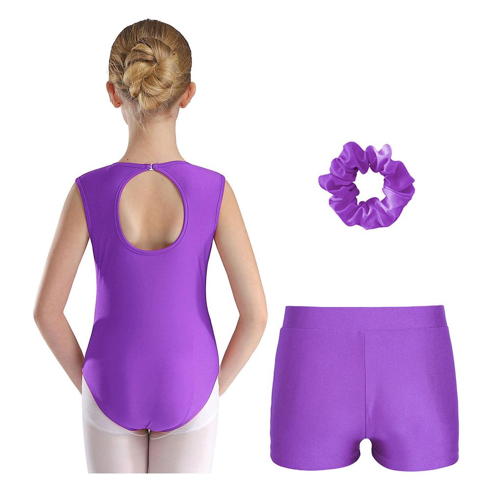 Girls Gymnastics Outfit Keyhole Back Patchwork Sleeveless Glittery Rhinestones Leotard V Front Waistband Shorts Set