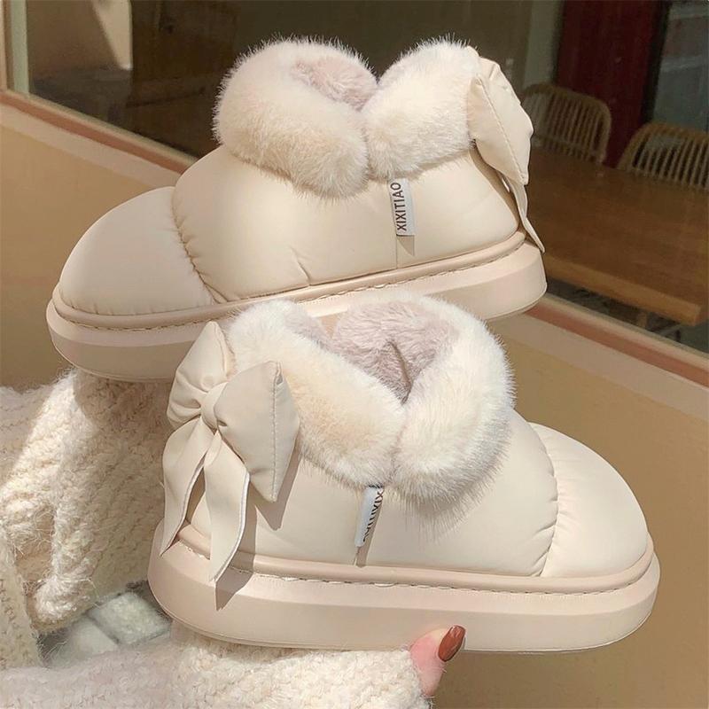 Bow Knot Short Ankle Snow Boots Women Winter Plush And Thick Insulation Waterproof Cotton Household Shoes Home Slipper Women